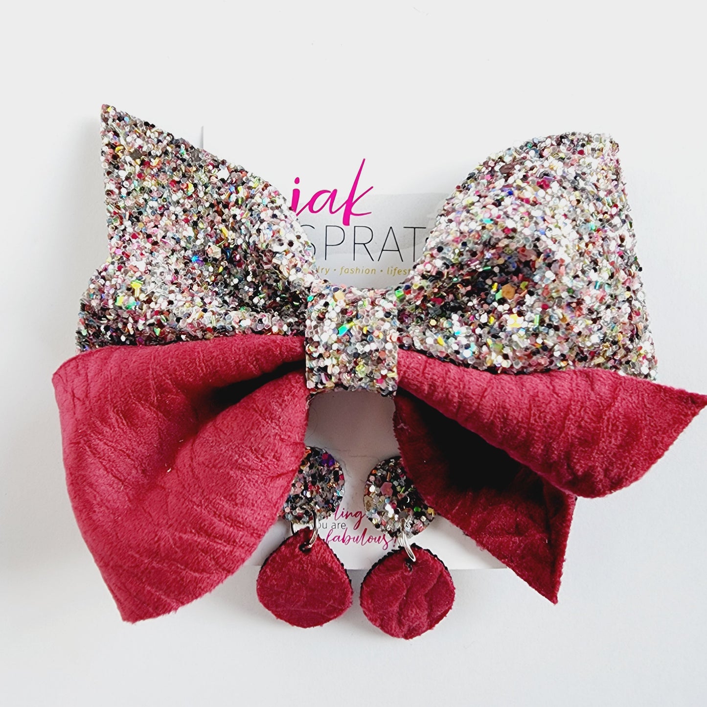 Bow & Earring Set | Red & Multicolor Sparkle | KQ22A #2